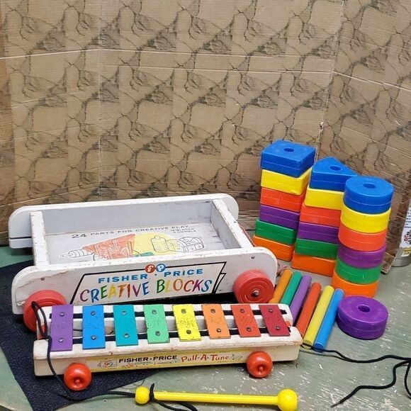 Vintage Fisher Price Creative Blocks Wagon w/Blocks  #161 Xylophone #870 - Picture 1 of 11